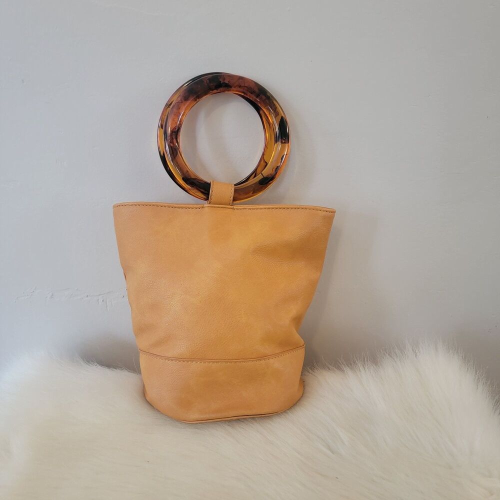 Bucket bag faux leather small brown tortoise shell handles Boho Festival